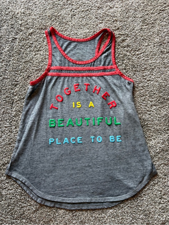 Zoe + Liv Tops - Zoe + Liv Gray Tank with Red Trim and Multicolor Lettering